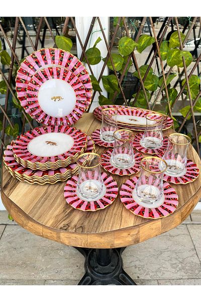 GÜRCÜGLASS Pink Leopard 27 Pcs Breakfast Set