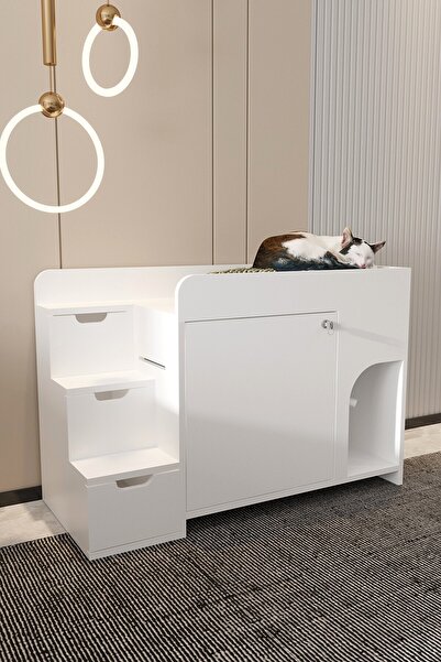 Mercie MAYA Ahşap Kedi Tuvaleti ve Yatağı Ranza Modeli-kapağı Kilitli- Kum Ka...