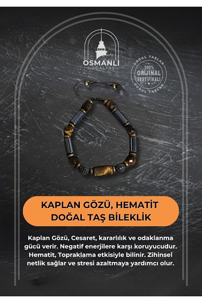 OSMANLI DOĞAL TAŞ Certified Tiger Eye and Hematite Natural Stone Bracelet