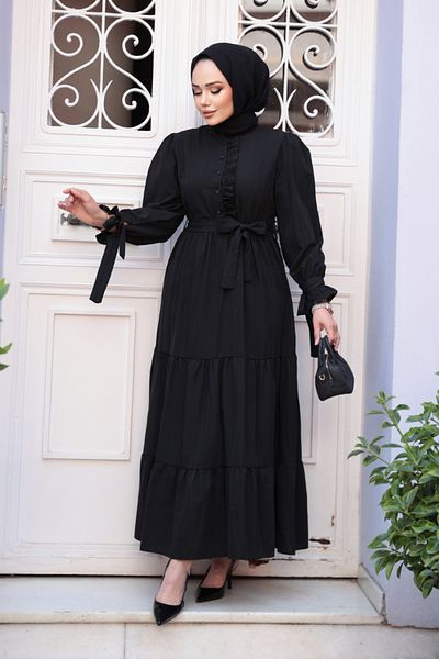 Neva Style Rochie Hijab neagră plisată în straturi 617s