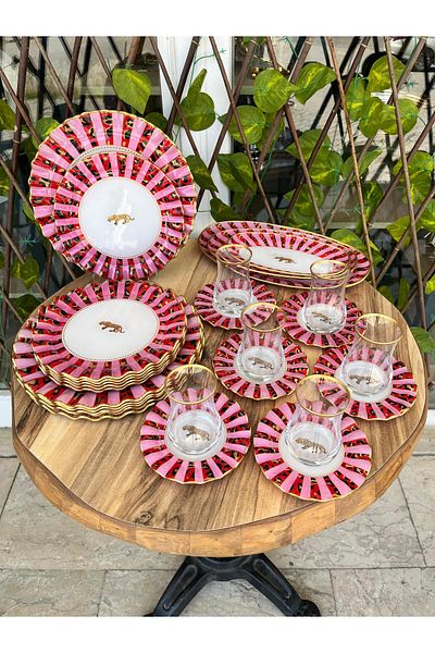 GÜRCÜGLASS Pink Leopard 27 Pcs Breakfast Set
