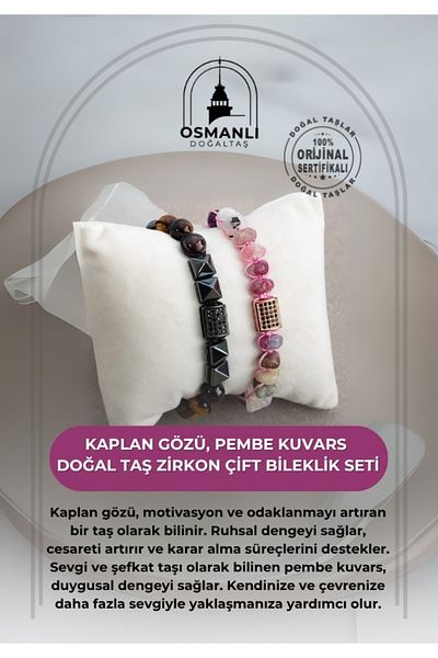 OSMANLI DOĞAL TAŞ Pink Quartz and Zircon Natural Stone - Tiger Eye Couple Bracelet Set