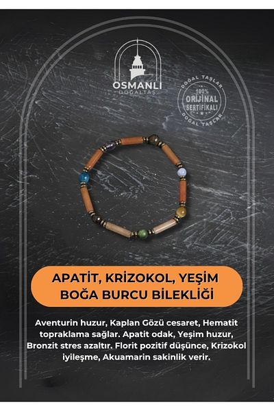 OSMANLI DOĞAL TAŞ Certified Apatite, Chrysocolla and Jade Taurus Bracelet