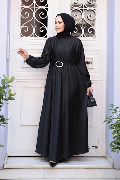 Neva Style Rochie neagră din satin pentru hijab 5727s