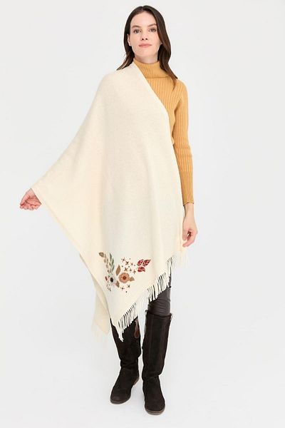 Desen Triko Women's Daisy Embroidered Tasseled Wool Shawl Bone