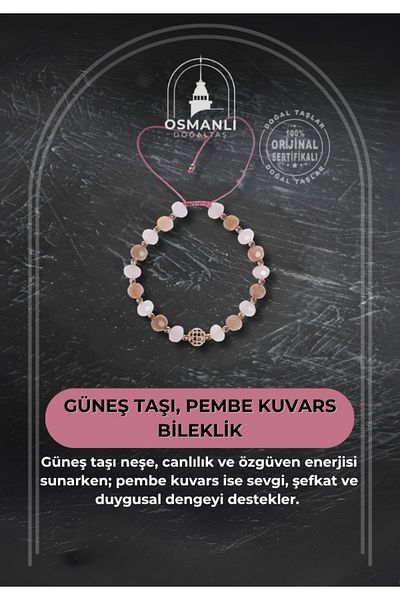 OSMANLI DOĞAL TAŞ Certified Sunstone and Pink Quartz Bracelet