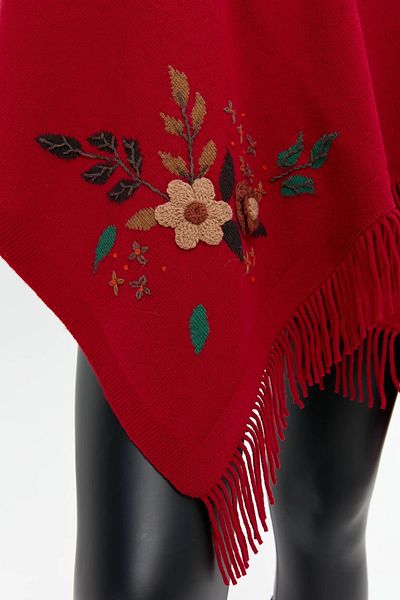Desen Triko Red Daisy Embroidered Tasseled Women's Wool Shawl