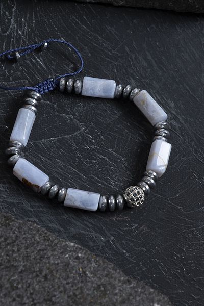 OSMANLI DOĞAL TAŞ Certified Chalcedony and Hematite Natural Stone Bracelet