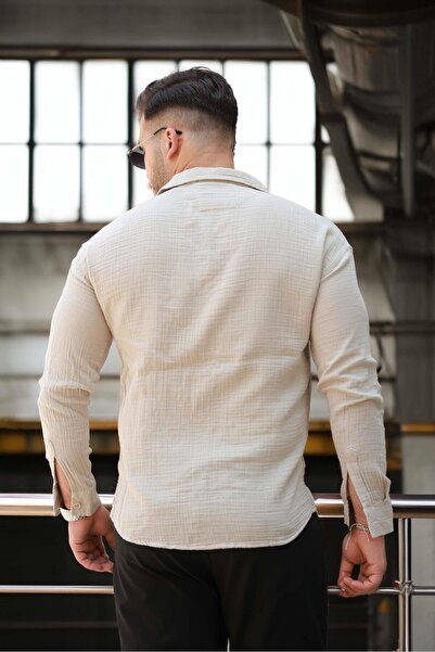 Valiberta Apaş Yaka Oversize Müslin Kumaş Gömlek - Bej