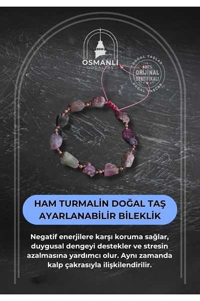 OSMANLI DOĞAL TAŞ Certified Raw Tourmaline Natural Stone Adjustable Bracelet