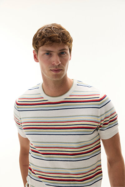 Mudo سترة تريكو مخططة بياقة دائرية وأكمام قصيرة