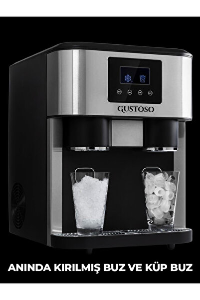 GUSTOSO Buz Yapıcı - Crush Ice & Küp Buz & Soğuk Su Hazneli 3in1 LCD Dokunmatik Ekranlı Buz Makinesi
