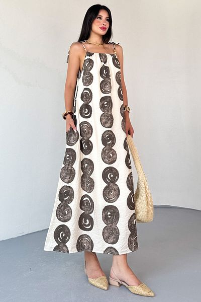 Cappmoda ELB-01805 Κρεμ μποέμ με μοτίβο με χάντρες με λεπτομέρεια φόδρα από βαμβακερό φόρεμα