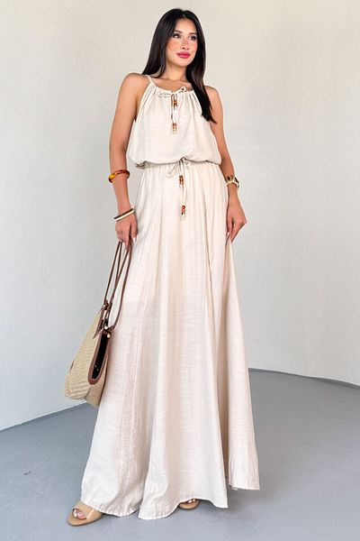 Cappmoda Tkm-13320 Beige Beaded Strap Blouse & Skirt Soft Textured Double Suit