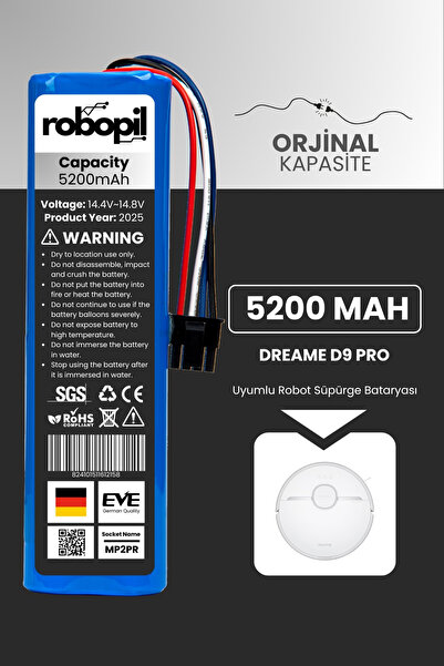 ROBOPİL Dreame D9 Pro Pil Batarya [Orjinal Kapasite] 5200mah Akıllı Robot Süp...
