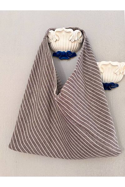 girlsybags Ριγέ γκρι τσάντα tote υφασμάτινη τσάντα tote μουσελίνα 30x40 εκ. Τσάντα αγορών Τσάντα παραλίας υφασμάτινη τσάντα με επένδυση