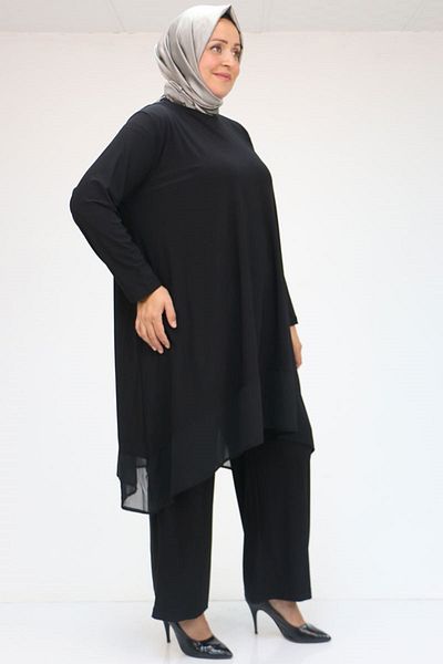 Eslina 37017 Σετ παντελόνι Sandy-chiffon Plus Size-μαύρο