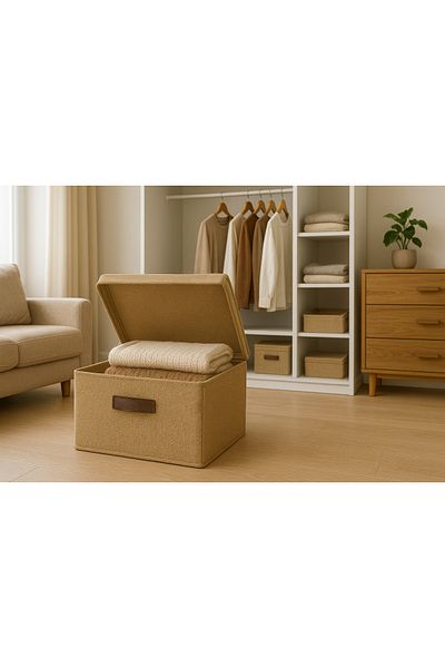 ON-ARS TEKSTİL Jute Lid Cabinet Underwear Toy Organizer Folding Storage Box 50X40X30 cm