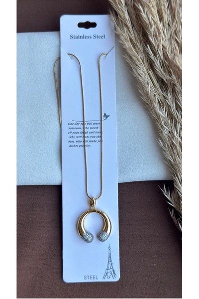 ŞİMŞEK KIRTASİYE BİJUTERİ قلادة من الفولاذ المقاوم للصدأ على شكل قمر مقلوب