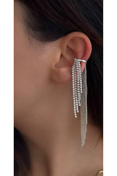 AychaAksesuar çelik (TEK) vip seri suyolu zirkon taşlı sallantılı püsküllü deliksiz çelik kıkırdak küpe