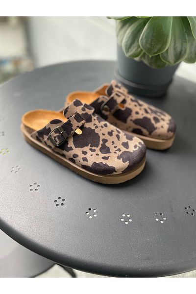 Land of Cork Anatomical Natural Cork Sole Cow Animal Cow Pattern Platform Genuine Leather Indoor Slippers