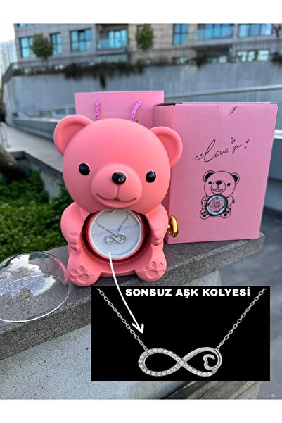 MUREYY AKSESUAR Güllü aşk ayıcığı ve sonsuz aşk kolyesi ( ayıcık kolye kutusu...