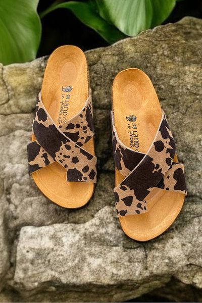 Land of Cork Anatomical Natural Cork Sole Cow Animal Suede Flip Flops Women's Slippers