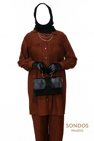 Çağla Chain Necklace Front Button Bat Sleeve Tie Double Set Coffee