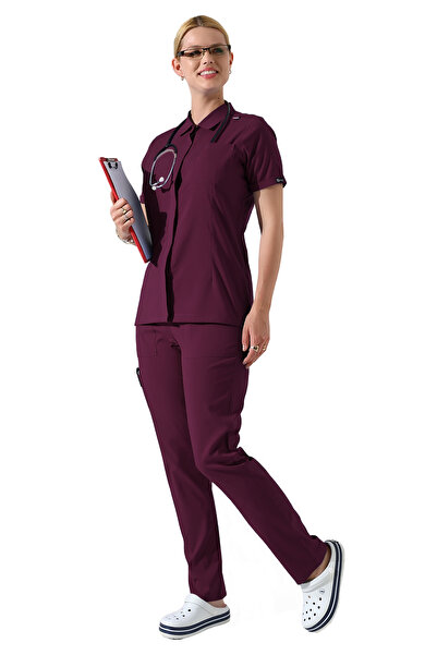 BEDUCA مجموعة ملابس الطبيب من الليكرا البرقوق بياقة بولو، ملابس مصففي الشعر و...