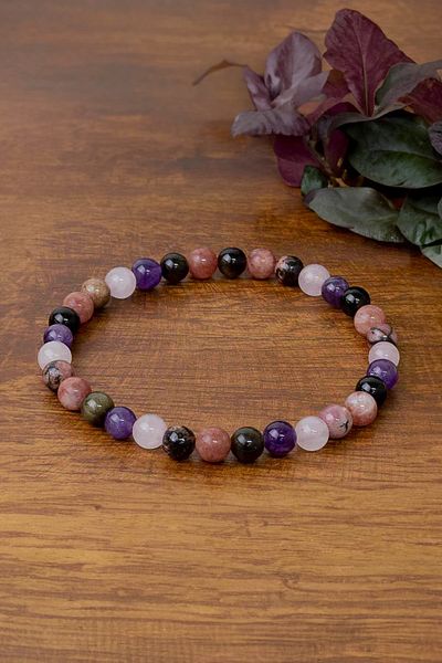 hmgtaş Love Love Bracelet (Pink Quartz, Amethyst, Obsidian, Sun Stone and Rhodonite Stone)