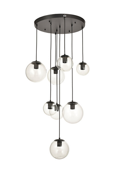 Avizemoda Pigaro 8 li Şeffaf Camlı Salon Oturma Odası Modern Sarkıt Avize - (Siyah Kasa)