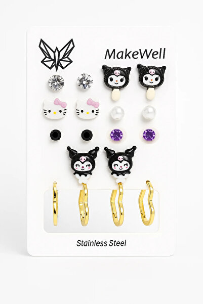 MakeWell 925 Ayar Gümüş İğneli Küpe Kuromili Kelebekli Çelik Yıldız Kalp İnci Top Tektaş Baget Taşlı Set