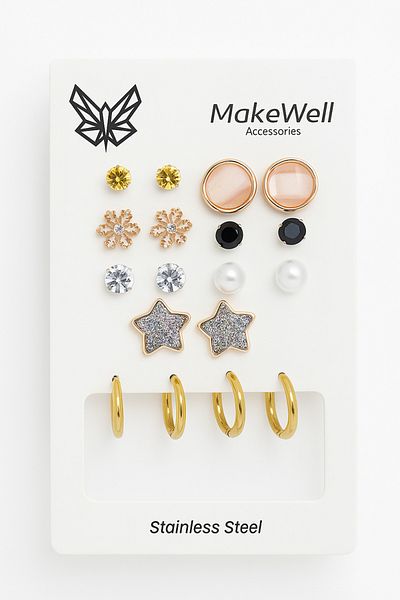 MakeWell Set of 9 Steel Earrings with Star Butterfly Pattern and Solitaire Pearls - Pink, White, Yellow