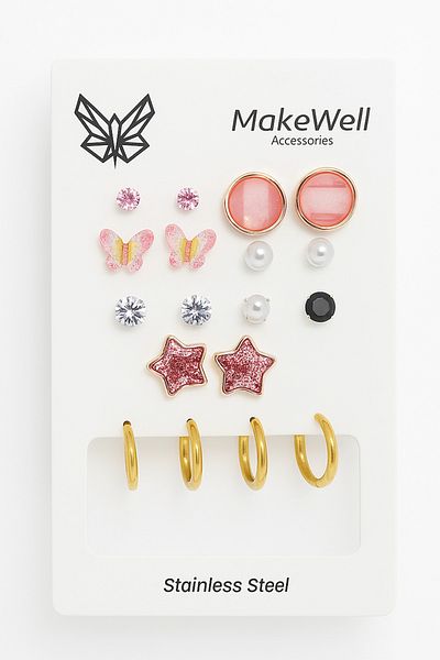 MakeWell Set of 9 Steel Earrings with Star Butterfly Pattern and Solitaire Pearls - Pink, White, Yellow