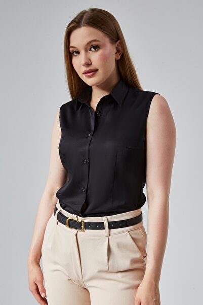 by shirts collection Kadın Siyah Sıfır Kol Gömlek