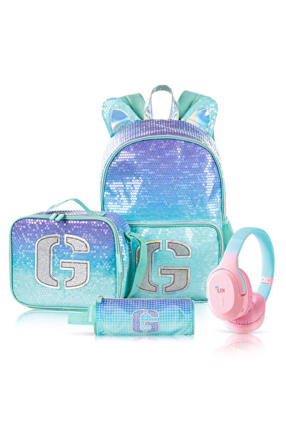 Eazy Kids 17" Set of 4 Backpack w/ BT Headset, Lunch Bag and Pencil Case - Girl Glitter Green