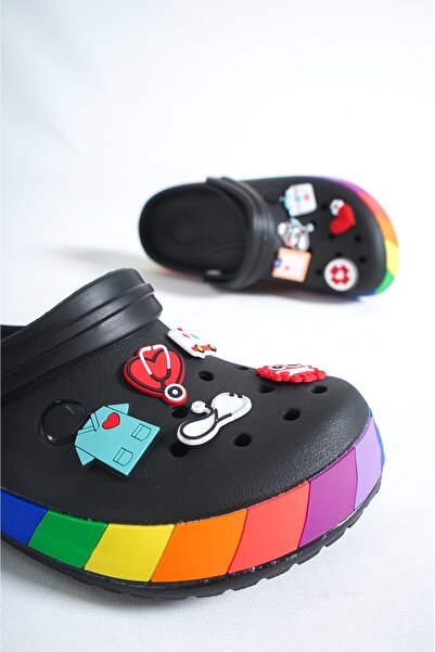 OZYO Samesa Rainbow Clogs με Μαύρα Αξεσουάρ Sabo Doctor Nurse Hospital Eva Summer Beach - Καθημερινές Παντόφλες