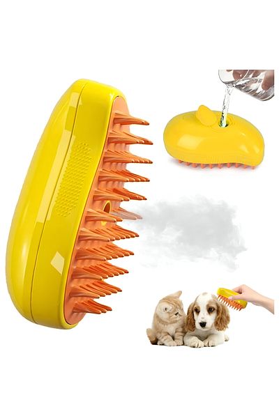Fish & Paws Perie 3 în 1 Fish & Paws® cu aburi, pulverizare și dozator, ideală pentru îngrijire, Galbenă.
