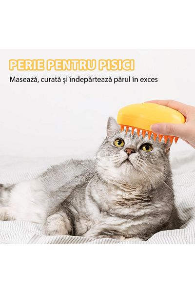 Fish & Paws Perie 3 în 1 Fish & Paws® cu aburi, pulverizare și dozator, ideală pentru îngrijire, Galbenă.