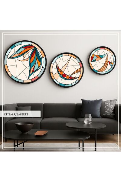 Tablomtr Dijital Baskılı Metal Çerçeveli Gercek Camlı Yuvarlak 3'lü Tablo - R...