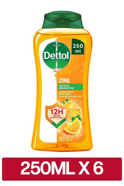Dettol Zing Antibacterial Bodywash Orange Zest Scent, 250ml x6