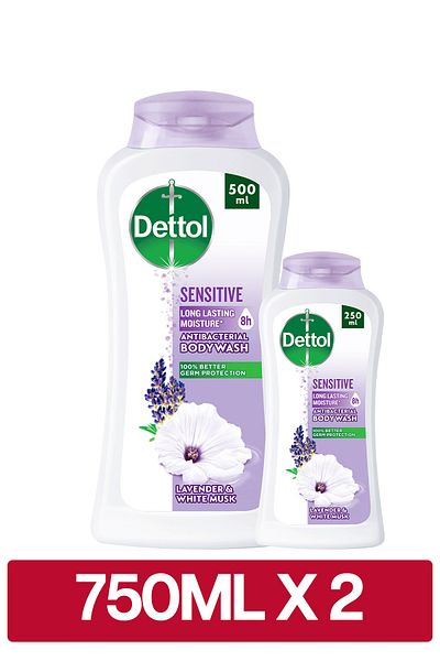 Dettol Sensitive Shower Gel & Body Wash, Lavender & White Musk Scent, (250ml + 500ml) x2