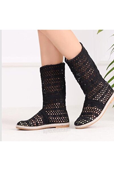 Genel Markalar Kadın Günlük Yazlık Uzun Dantel Siyah Espadril Ayakkabı