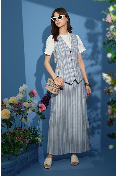 Fatma Atasoy Striped Blue Vest Skirt Set