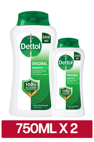 Dettol Original Shower Gel & Body Wash, Pine Scent, (250ml + 500ml) x2