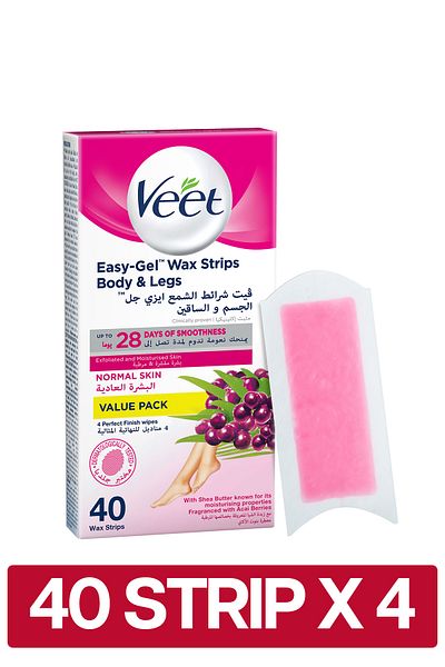 Veet Professional Hair Removal Easy-Gel Legs & Body Wax Strips with Shea Butter , 40 Strips x4