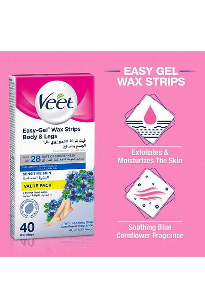 Veet Professional Hair Removal Easy-Gel Legs & Body Wax Strips for Sensitive Skin, 40 Strips x4