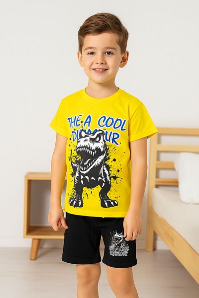 eQru Store Dinosaur Printed Yellow T-Shirt and Black Shorts Summer Kids Set