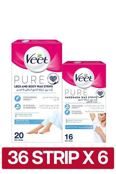 Veet Pure Legs & Body Wax Strips, 20 Strips + Underarm Wax Strips for Sensitive Skin, 16 Strips x6