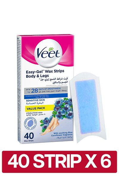 Veet Professional Hair Removal Easy-Gel Legs & Body Wax Strips for Sensitive Skin, 40 Strips x6